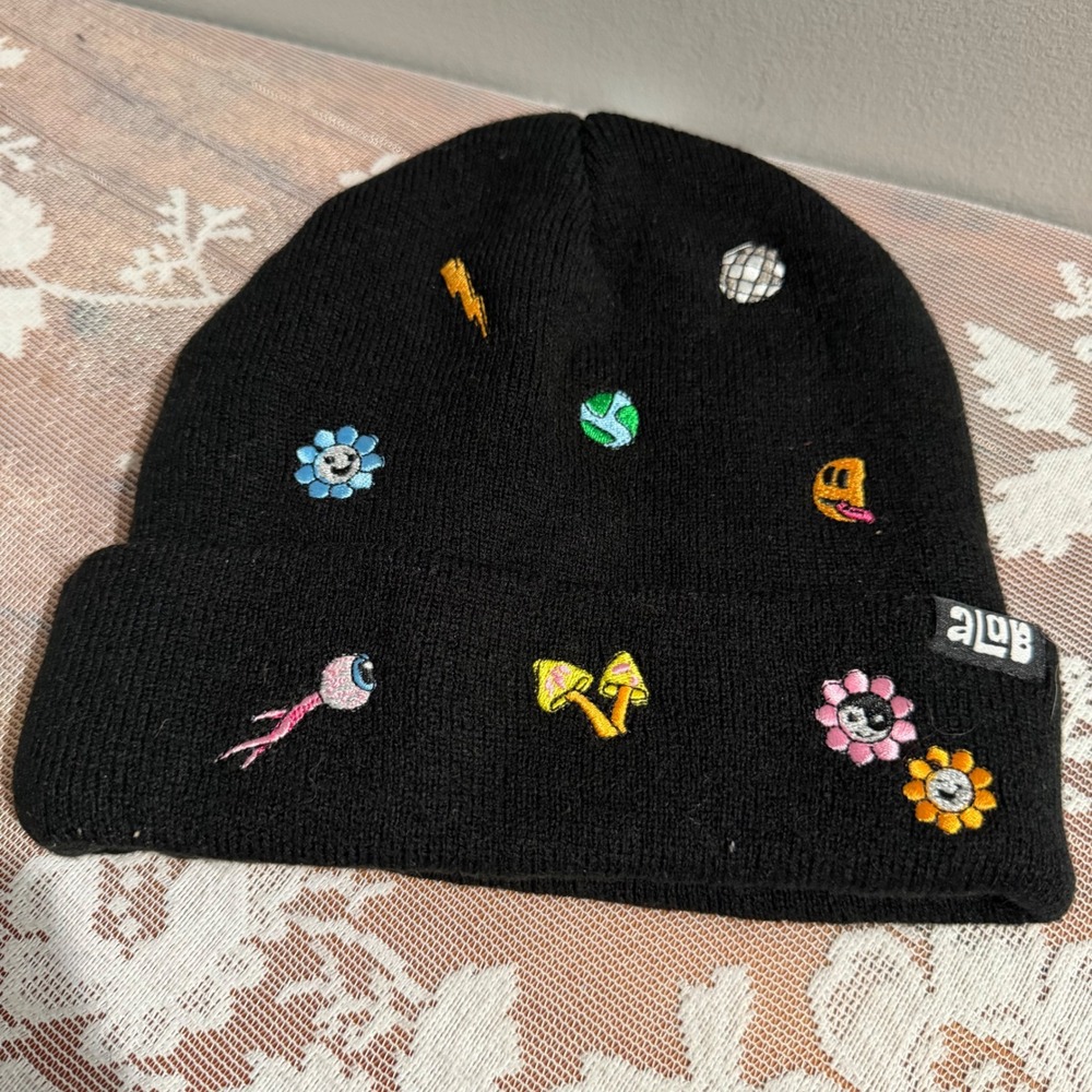 A-Lab‎ Beanie Hat Unisex One Size Black Embroidered Mushroom Disco Patches